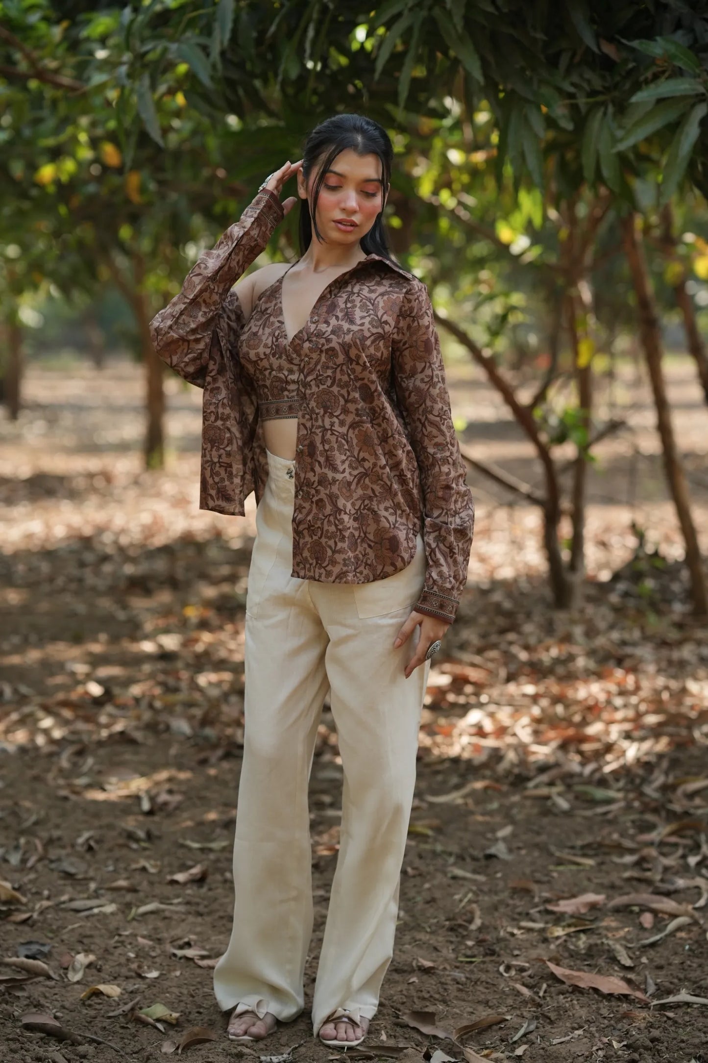 Mocha Bloom Cotton Shirt