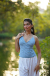 Powder Blue Motif Print Tie-Back Top