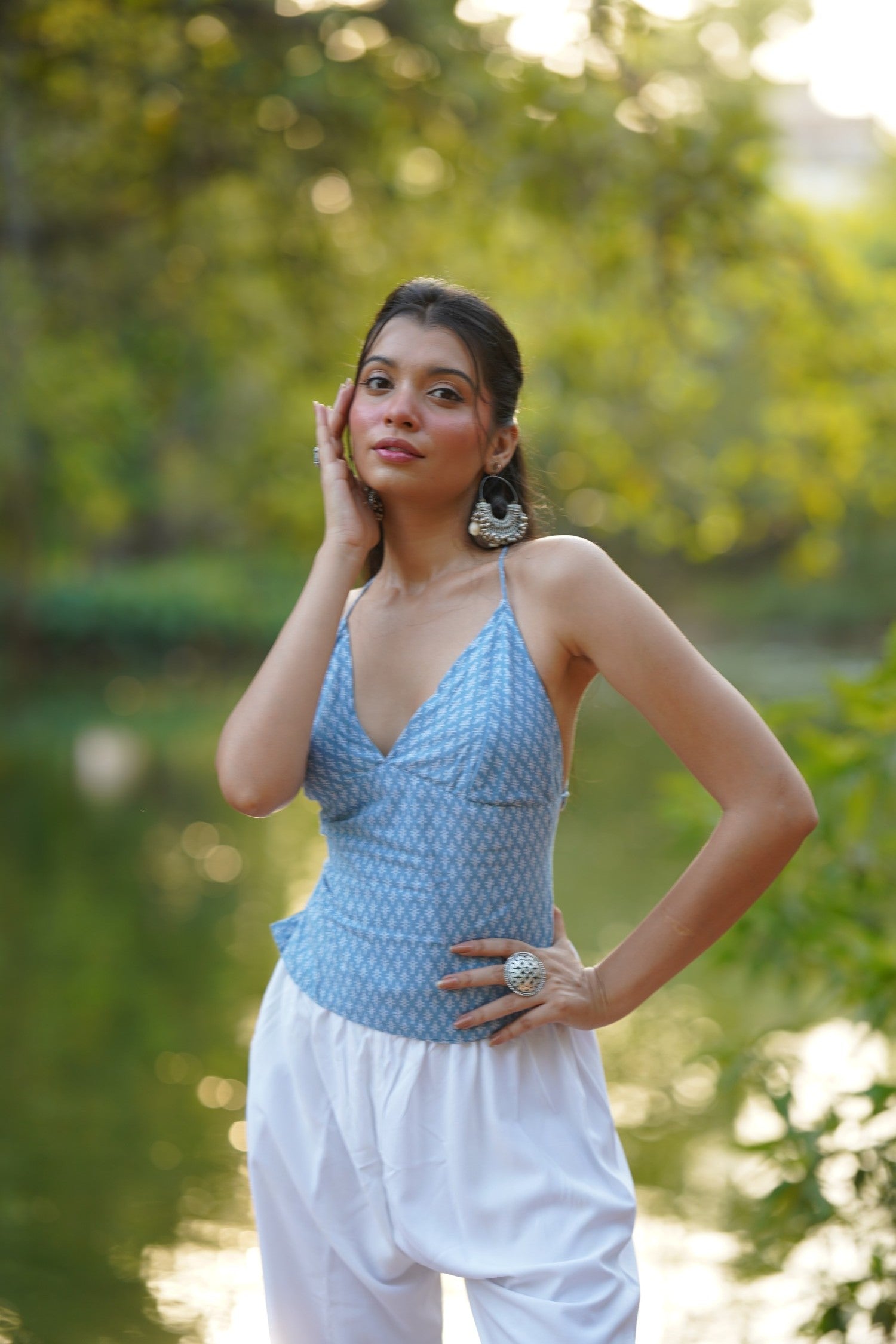 Powder Blue Motif Print Tie-Back Top