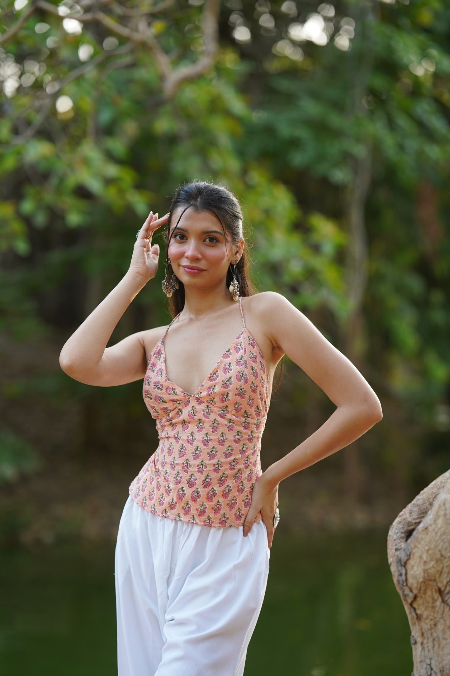 Peach Floral Tie Back Top