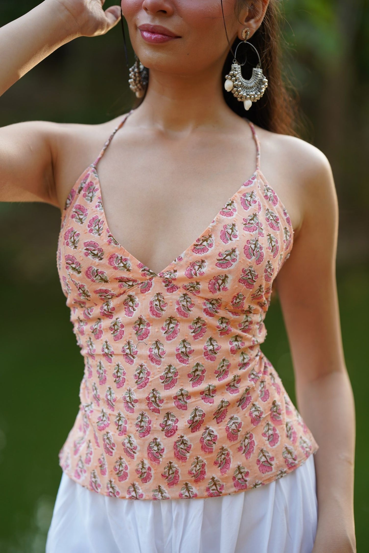 Peach Floral Tie Back Top