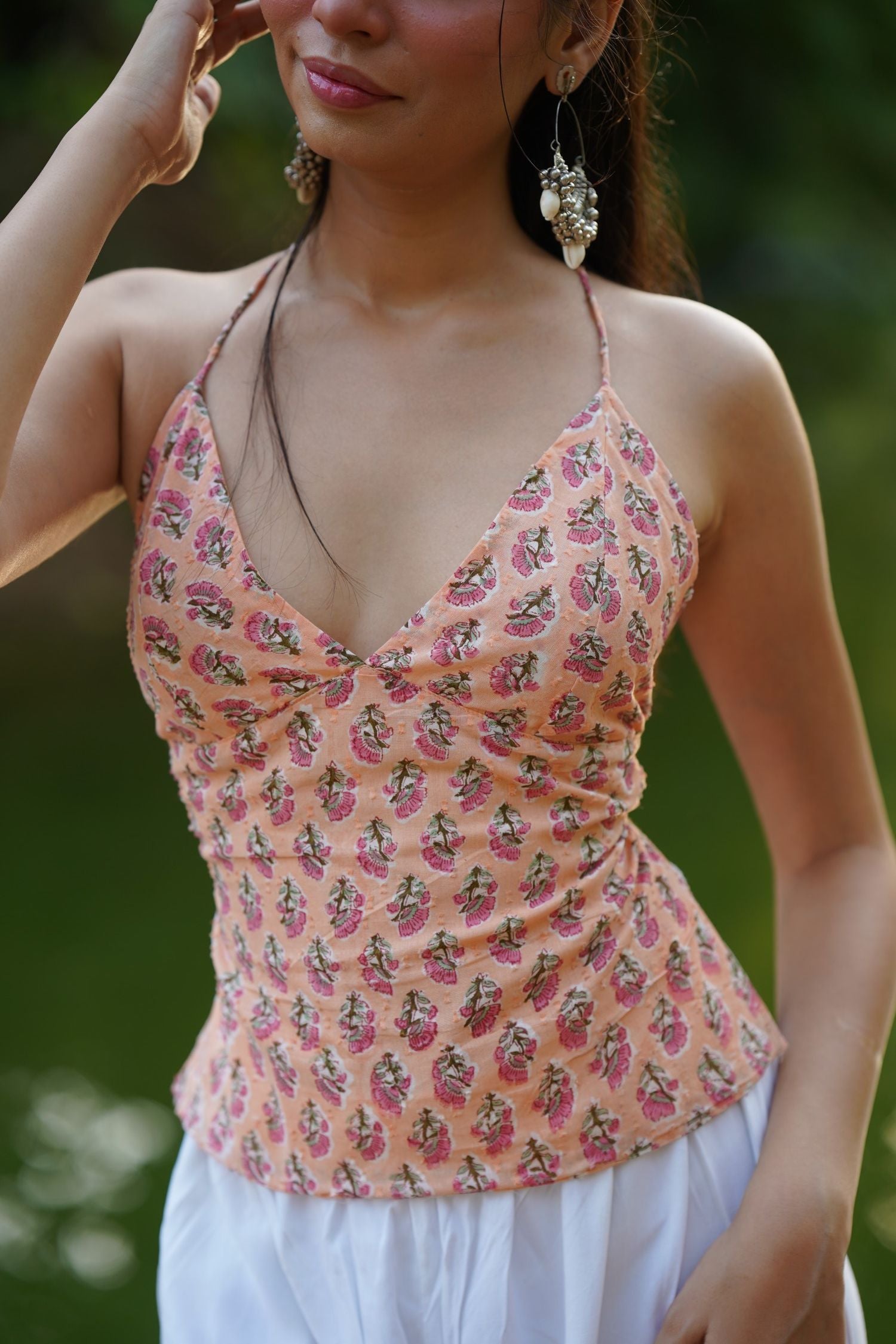 Peach Floral Tie Back Top