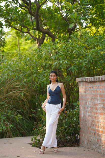 Navy Leheriya Print Tie Back Top