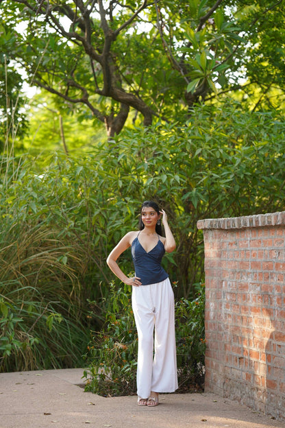 Navy Leheriya Print Tie Back Top
