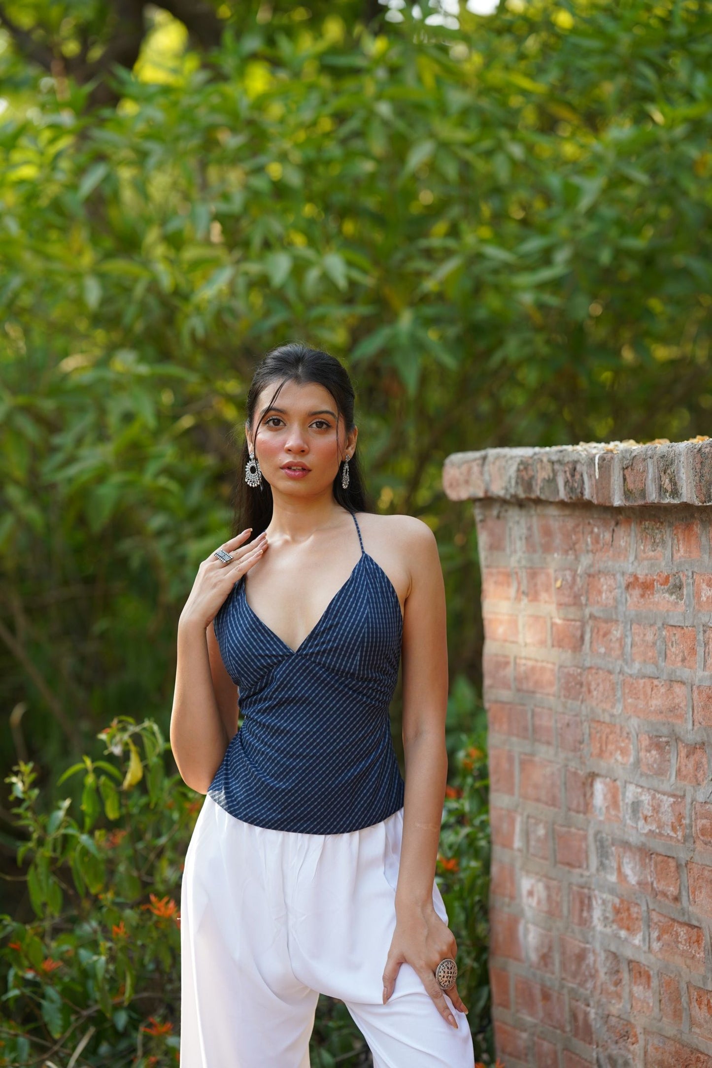 Navy Leheriya Print Tie Back Top