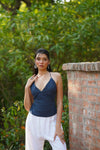Navy Leheriya Print Tie Back Top