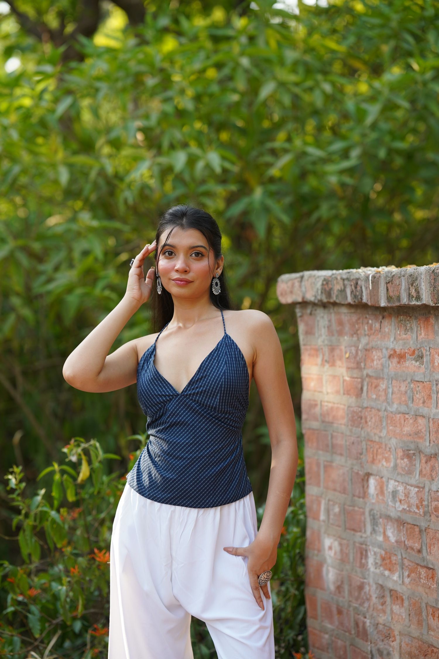 Navy Leheriya Print Tie Back Top