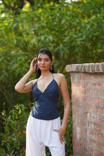 Navy Leheriya Print Tie Back Top