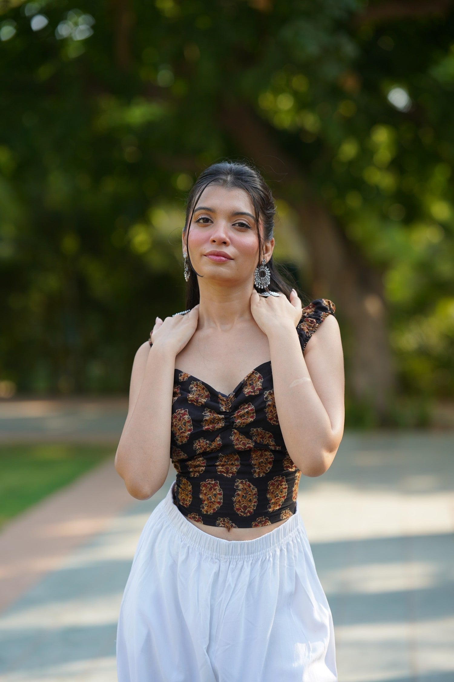 Black Printed Ruched Corset Top