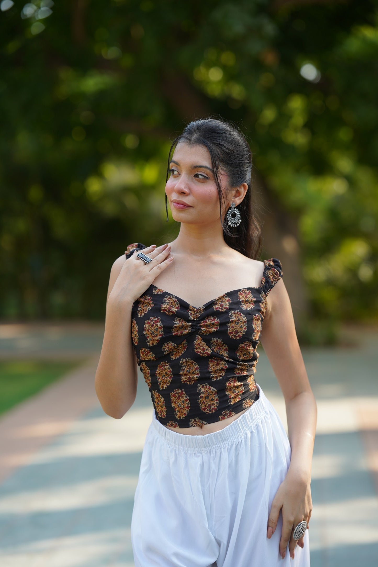 Black Printed Ruched Corset Top