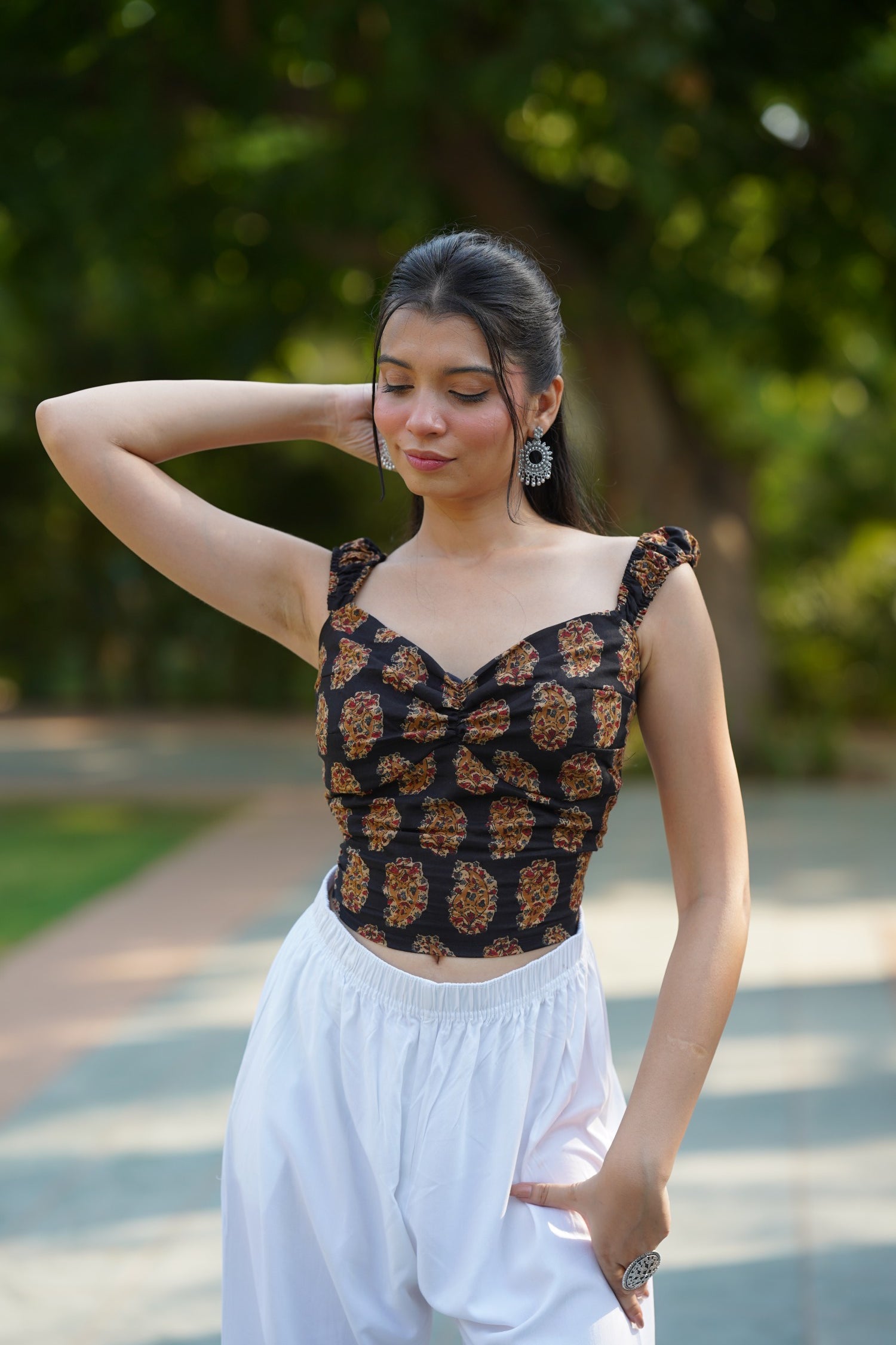 Black Printed Ruched Corset Top