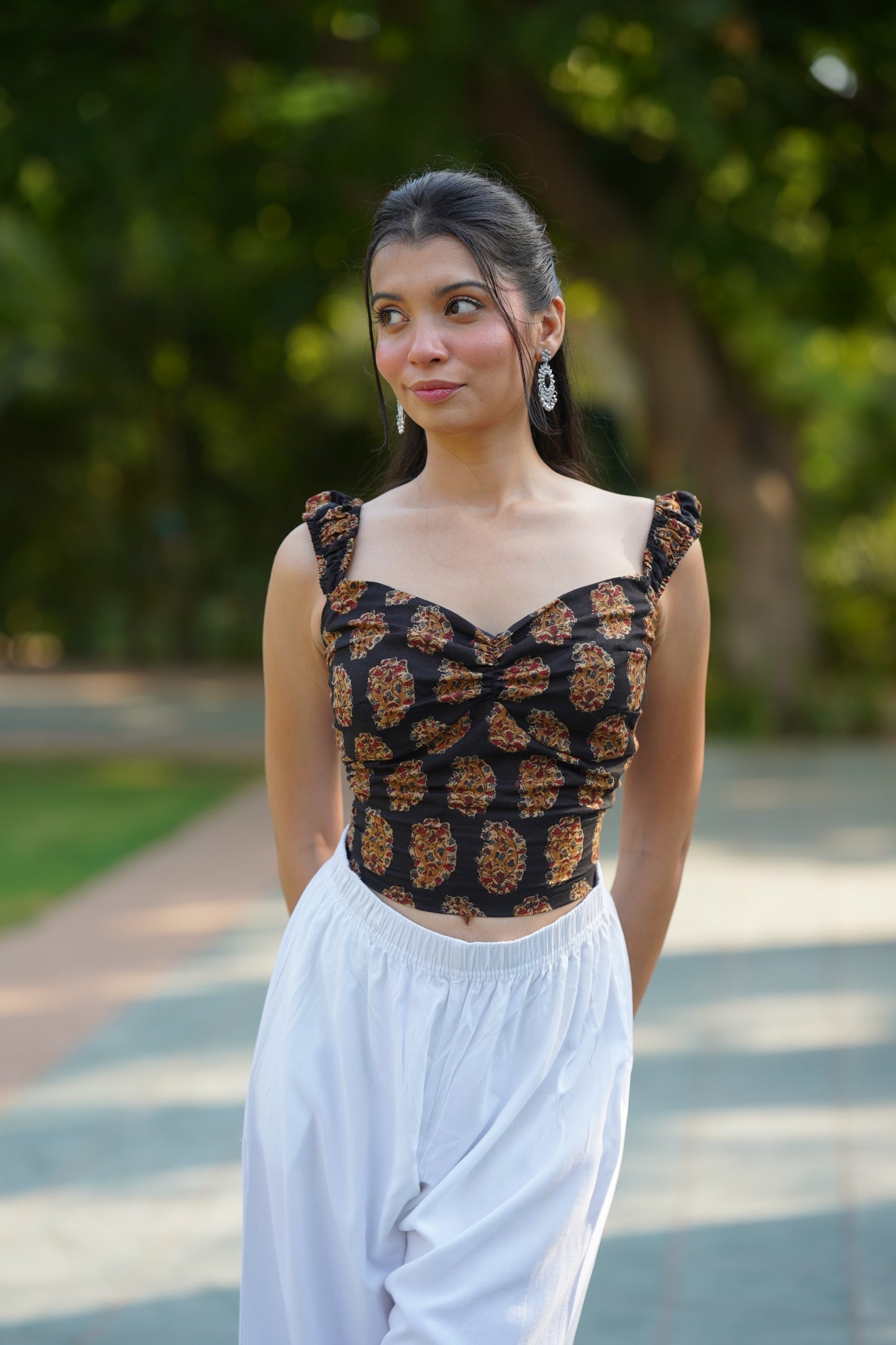Black Printed Ruched Corset Top