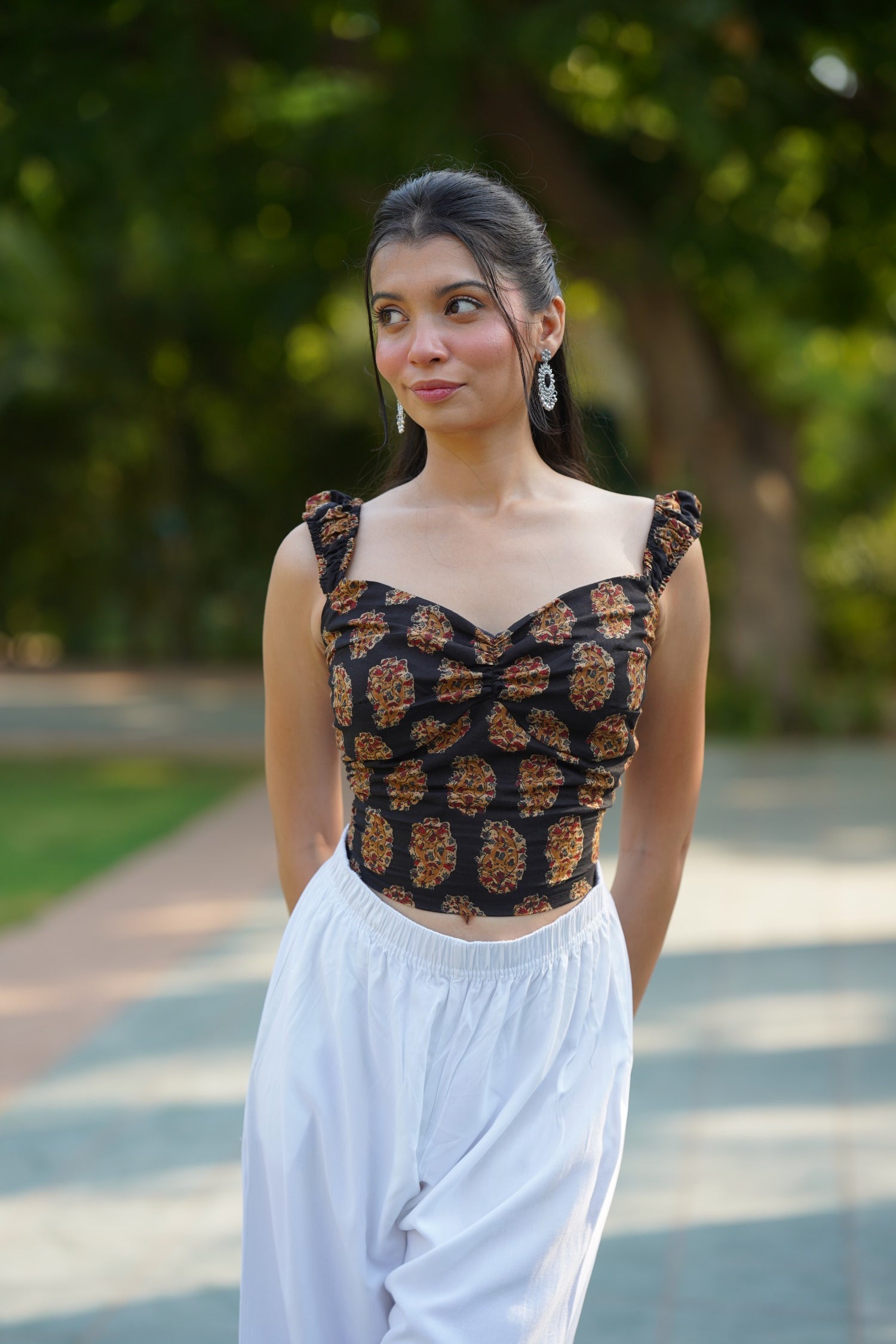 Black Printed Ruched Corset Top