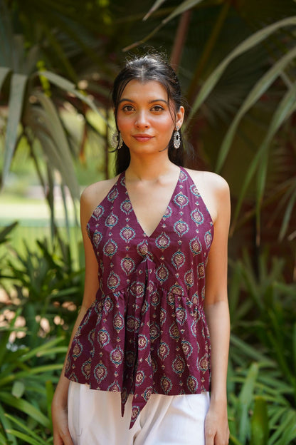 Wine Buta Print Top