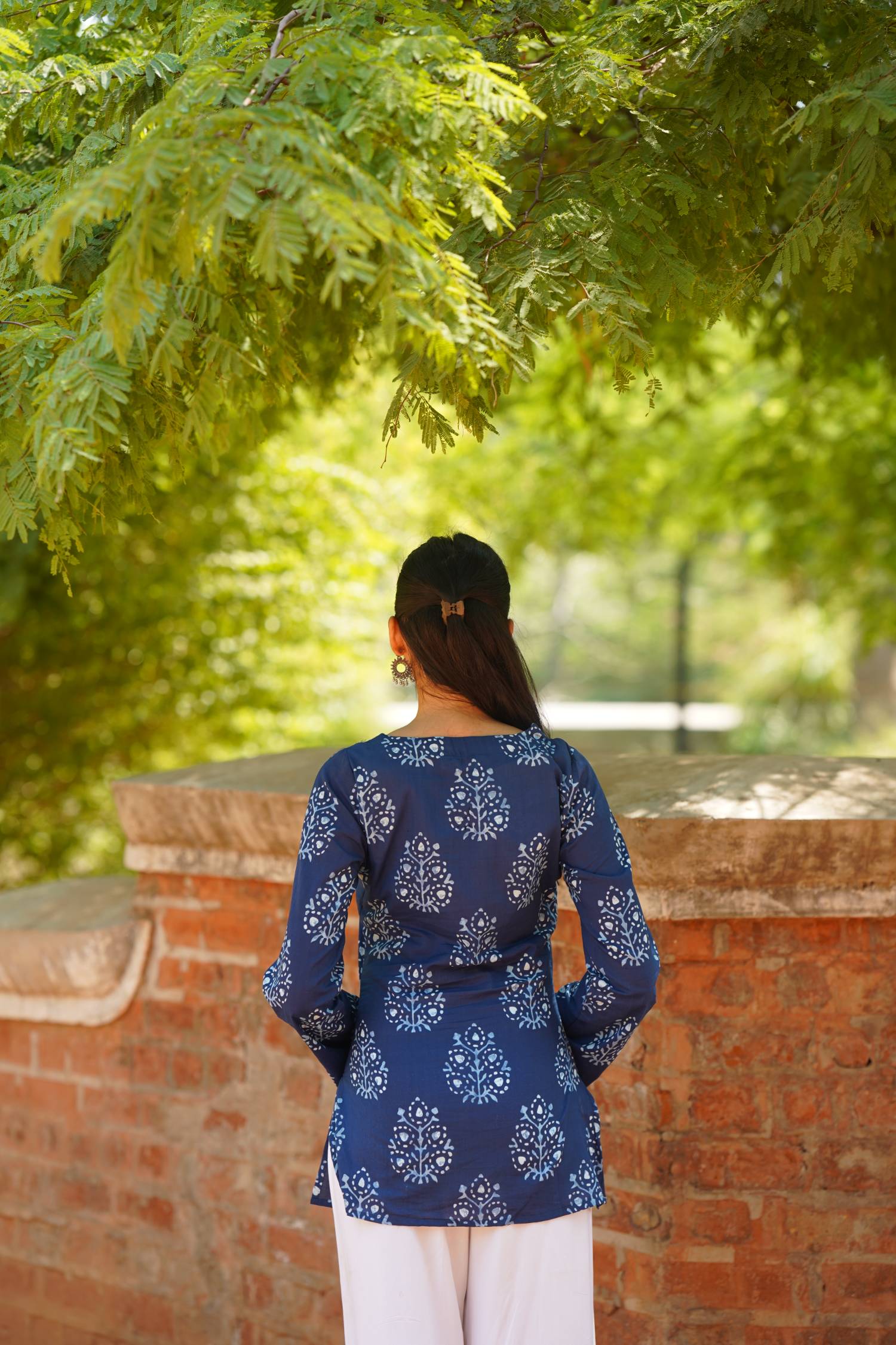 Navy Blue Buta Print Bell Sleeve Kurti