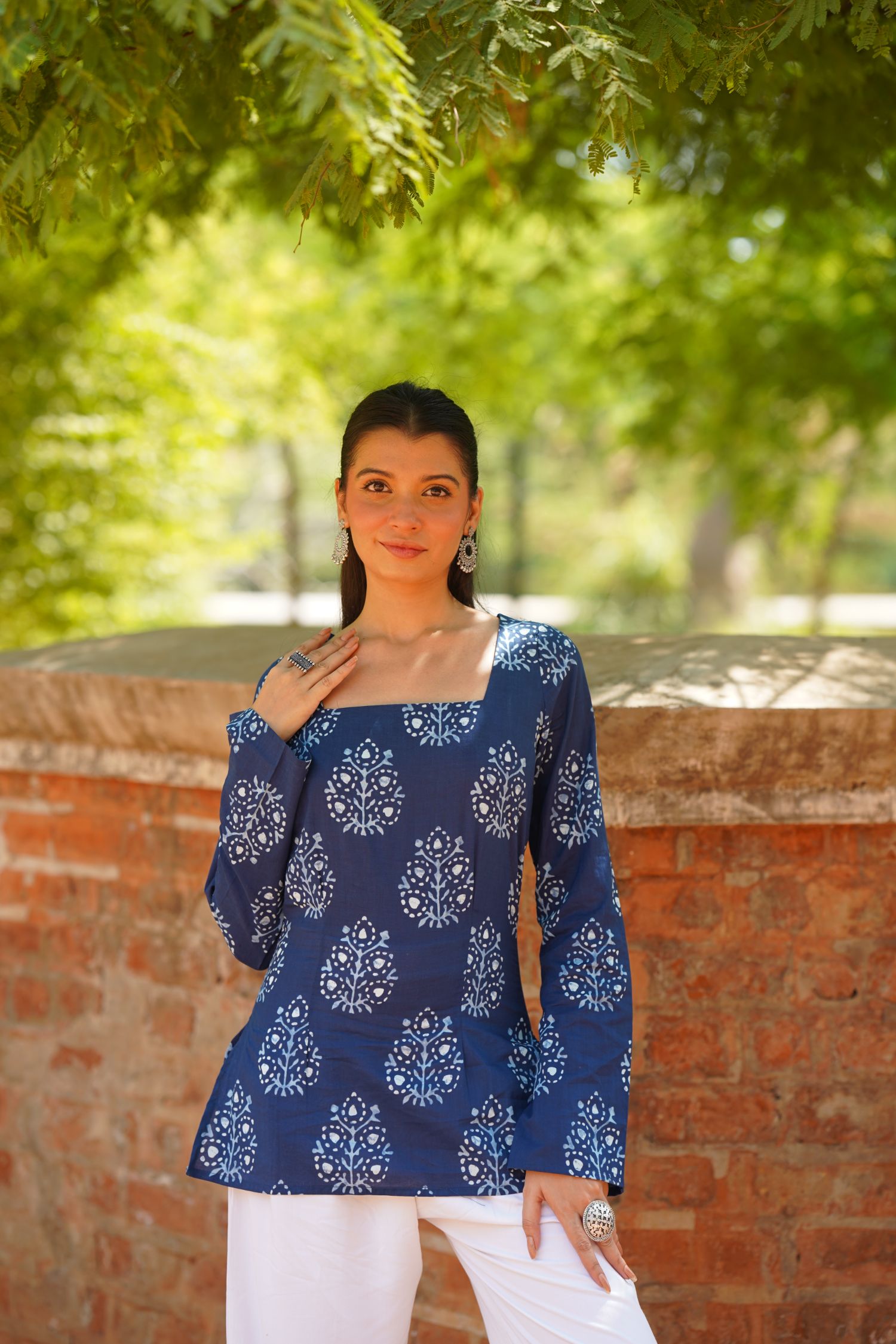 Navy Blue Buta Print Bell Sleeve Kurti