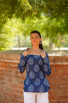 Navy Blue Buta Print Bell Sleeve Kurti