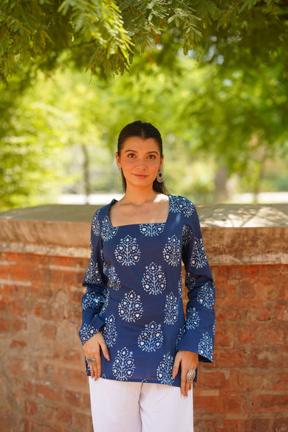 Navy Blue Buta Print Bell Sleeve Kurti