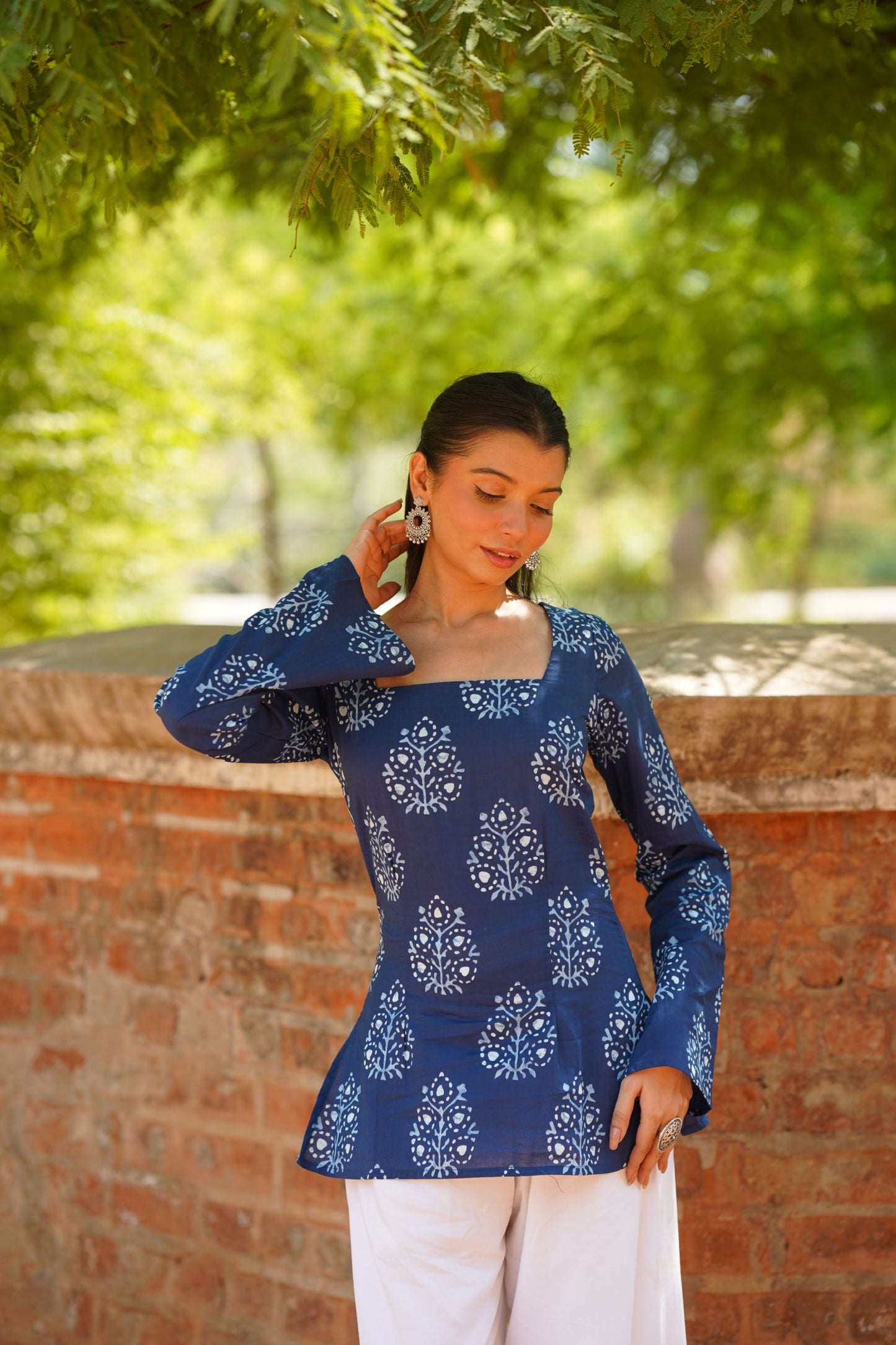 Navy Blue Buta Print Bell Sleeve Kurti