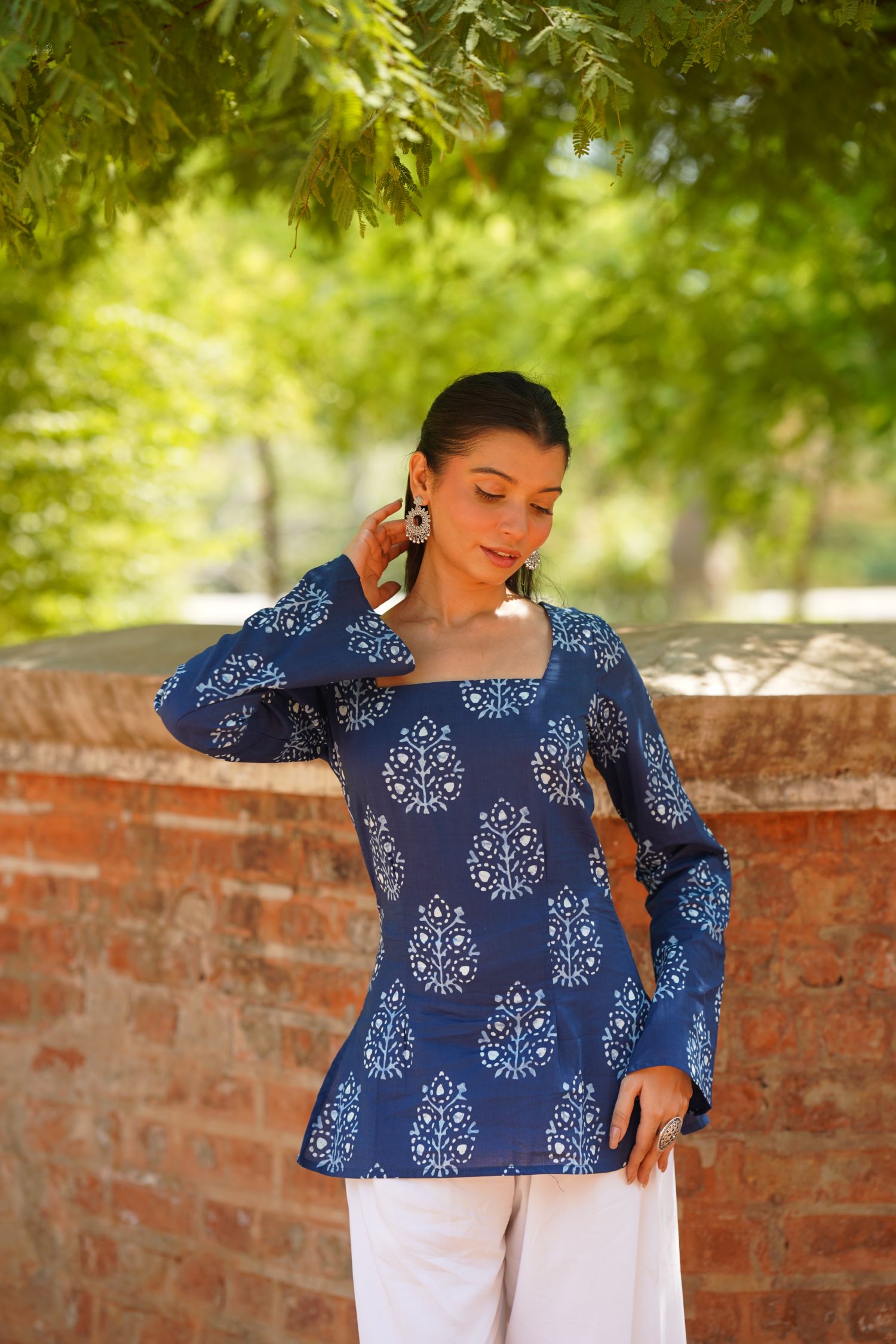 Navy Blue Buta Print Bell Sleeve Kurti