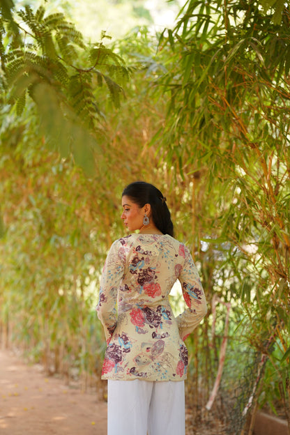 Cream Abstract Floral Print Bell Sleeve Kurti