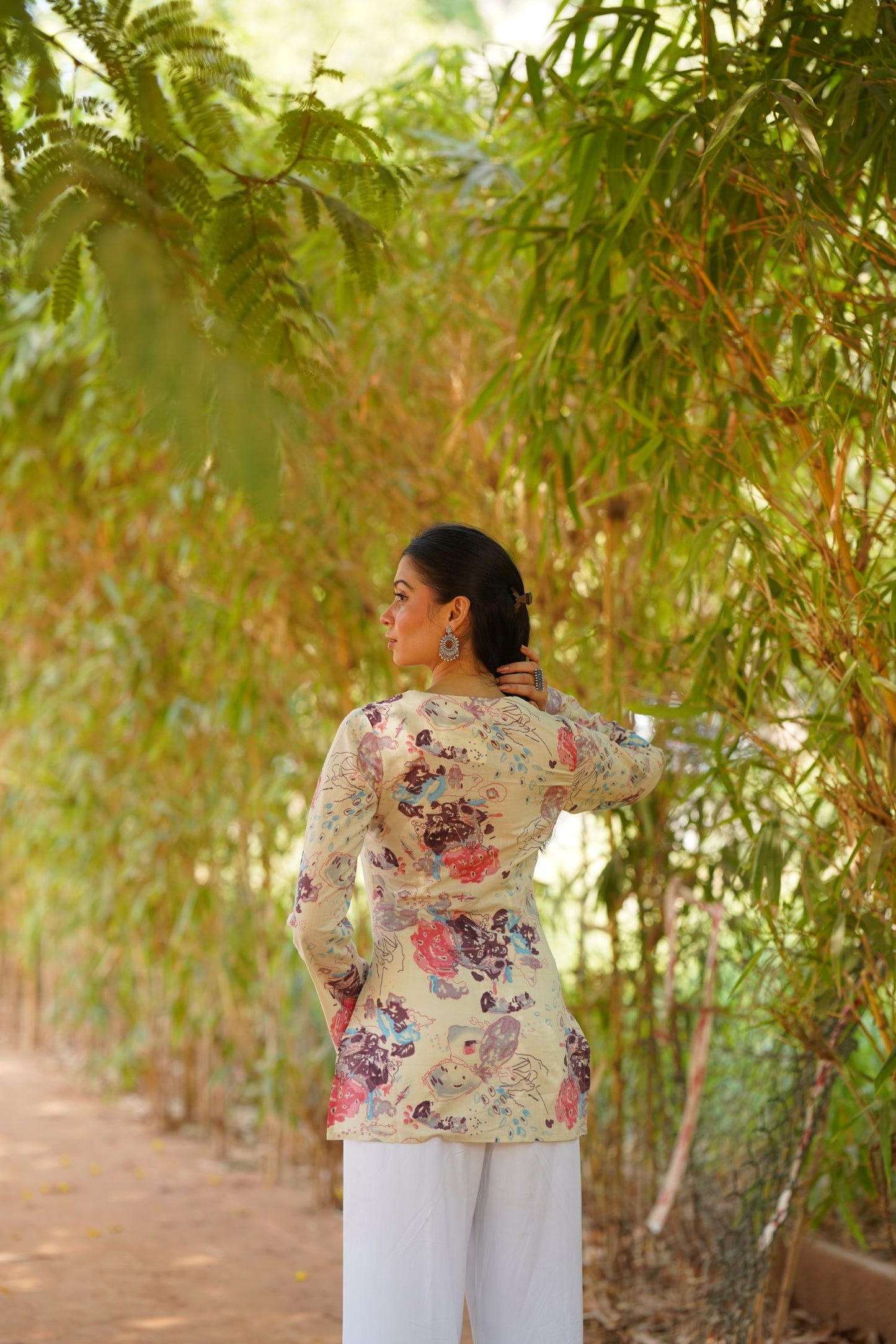 Cream Abstract Floral Print Bell Sleeve Kurti