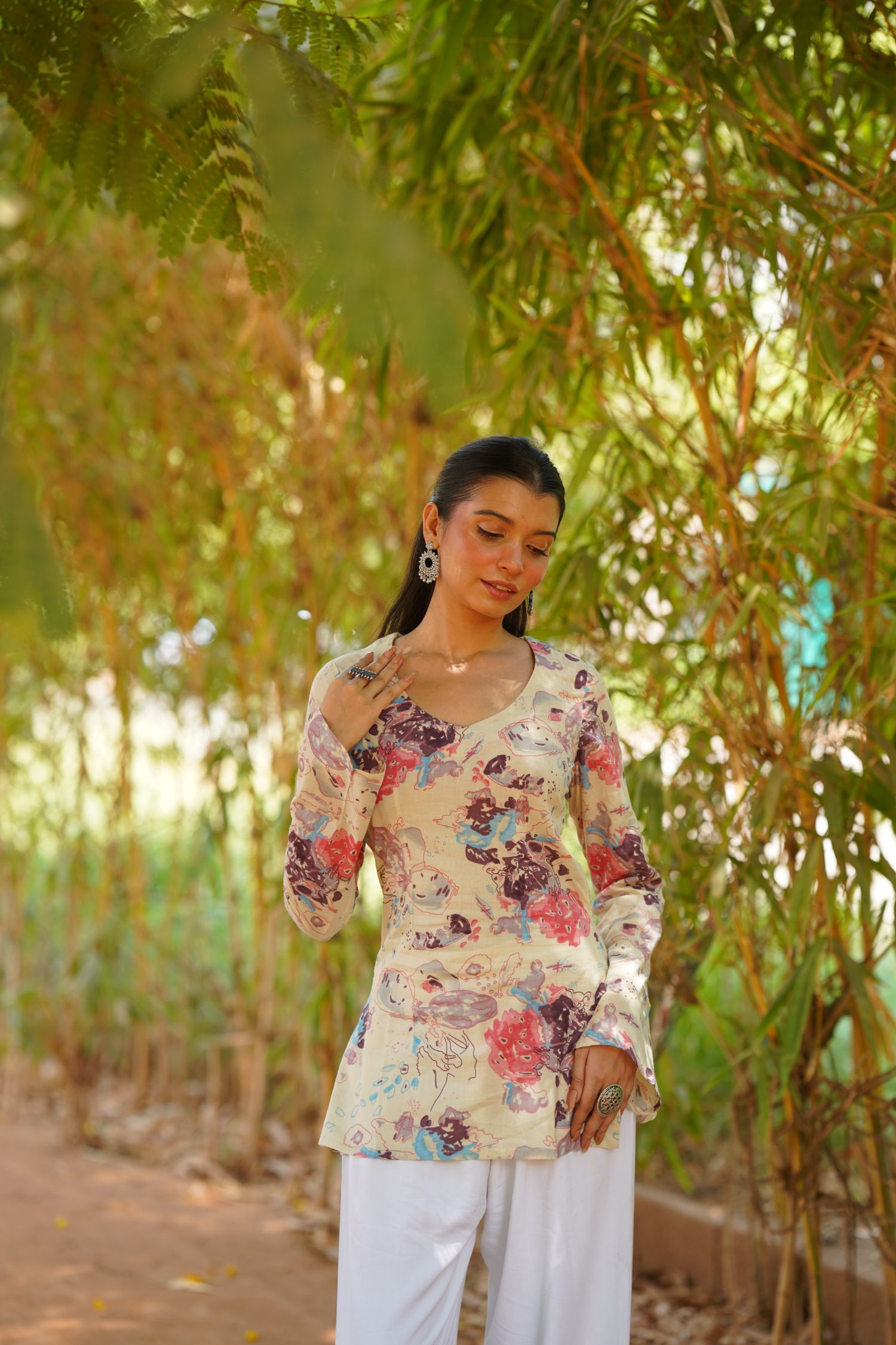 Cream Abstract Floral Print Bell Sleeve Kurti