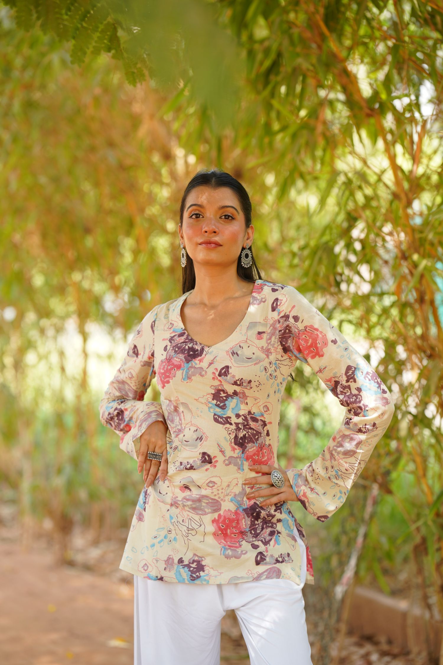 Cream Abstract Floral Print Bell Sleeve Kurti
