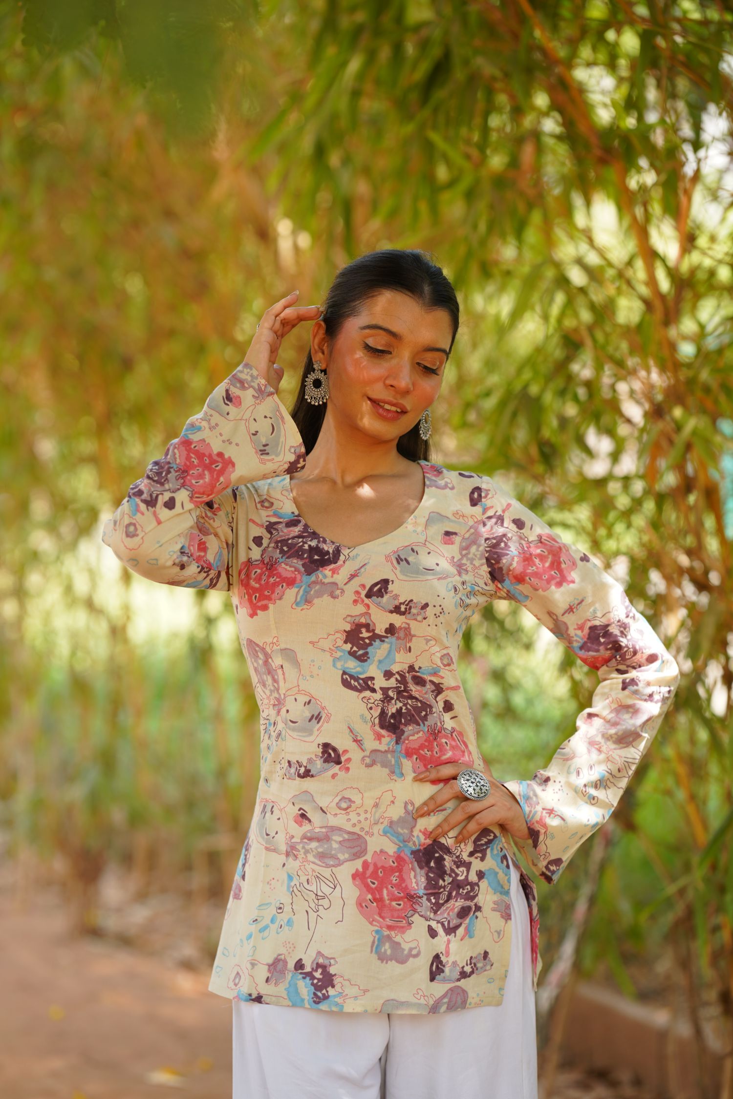 Cream Abstract Floral Print Bell Sleeve Kurti