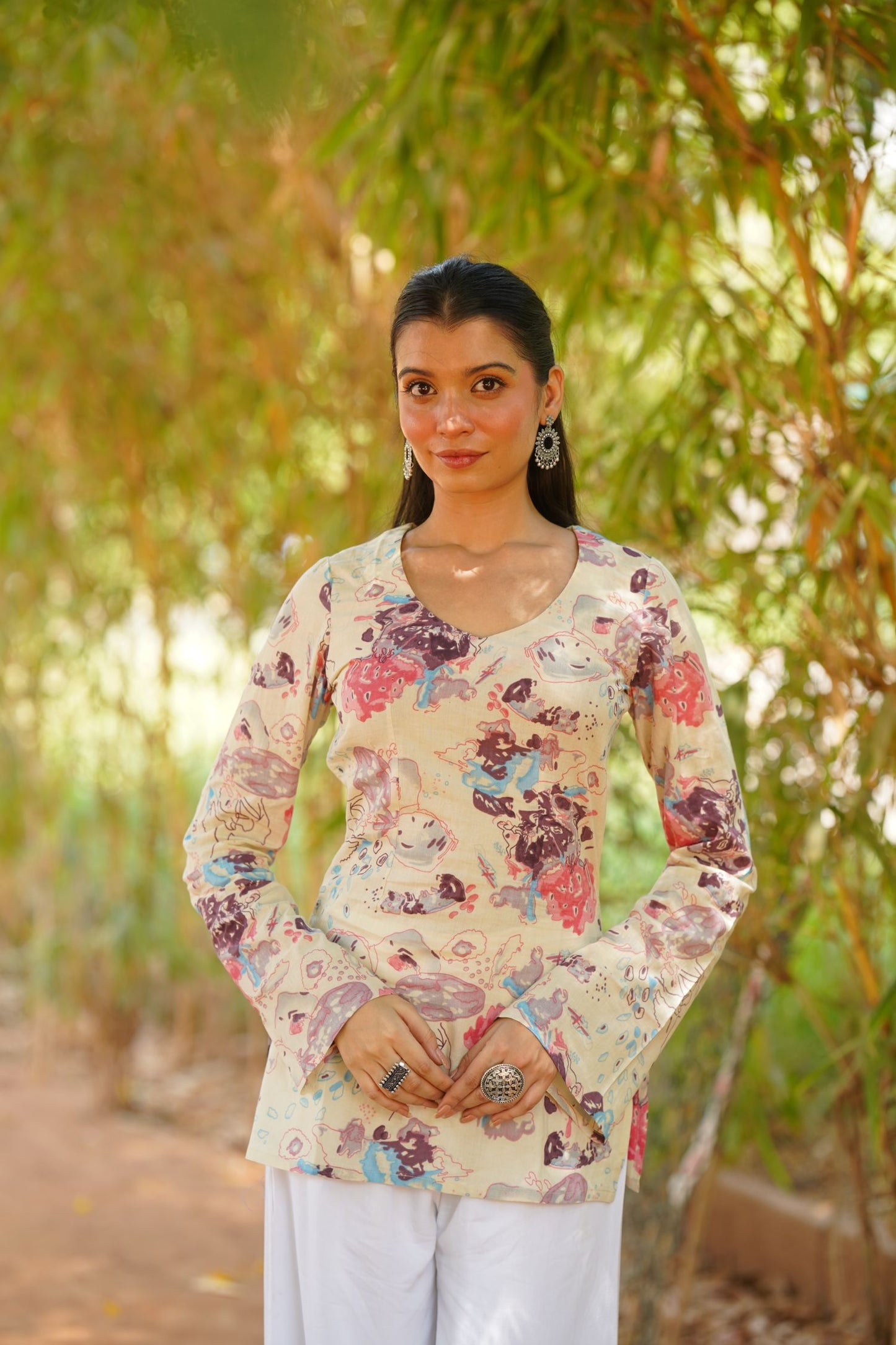 Cream Abstract Floral Print Bell Sleeve Kurti