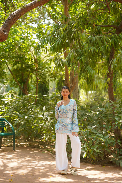 Sky Blue Floral Print Bell Sleeve Kurti