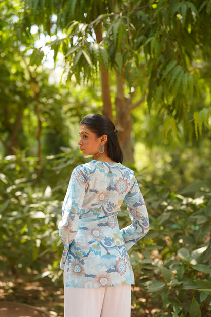 Sky Blue Floral Print Bell Sleeve Kurti