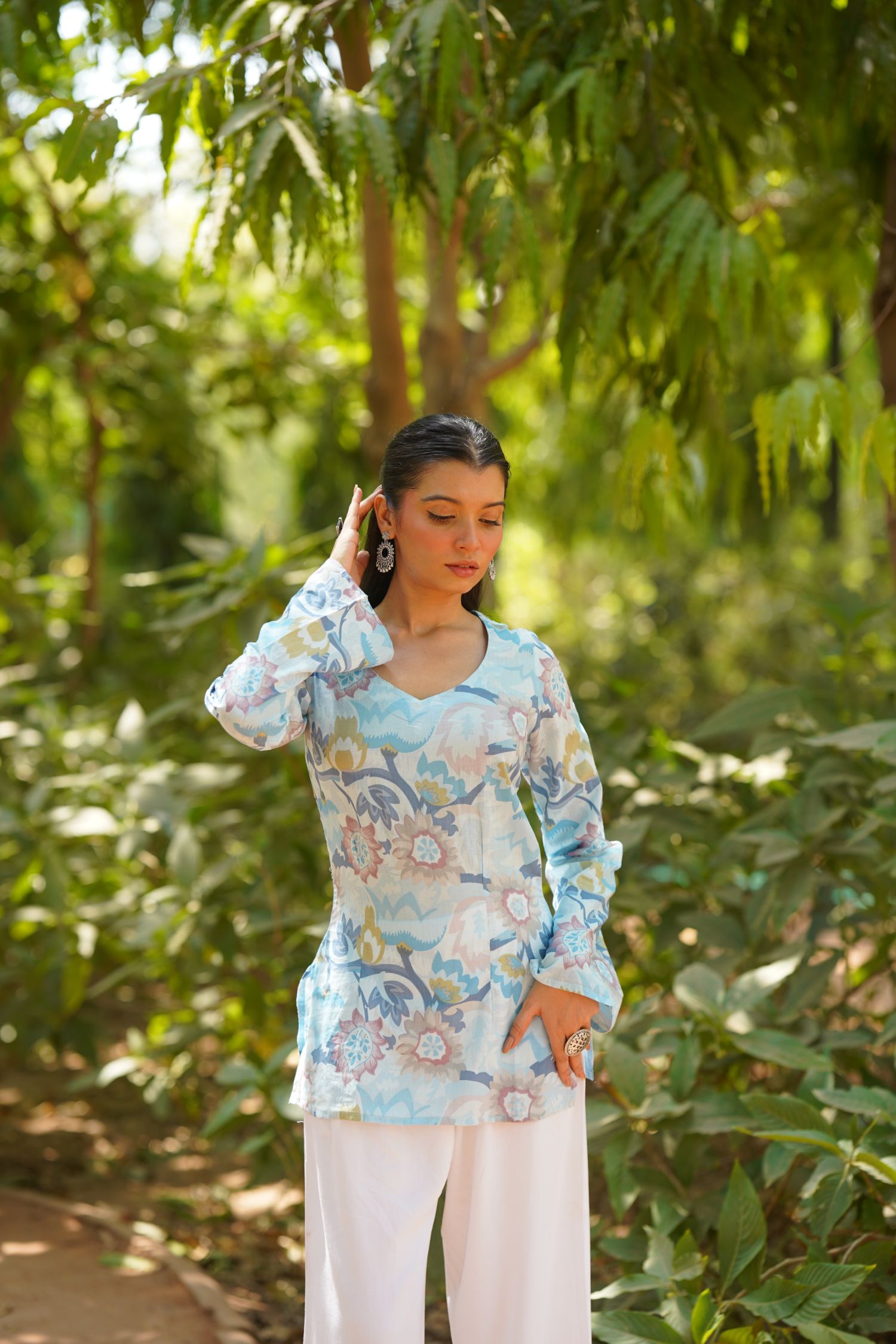 Sky Blue Floral Print Bell Sleeve Kurti