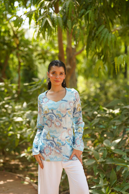 Sky Blue Floral Print Bell Sleeve Kurti