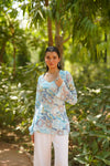 Sky Blue Floral Print Bell Sleeve Kurti