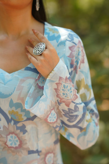 Sky Blue Floral Print Bell Sleeve Kurti