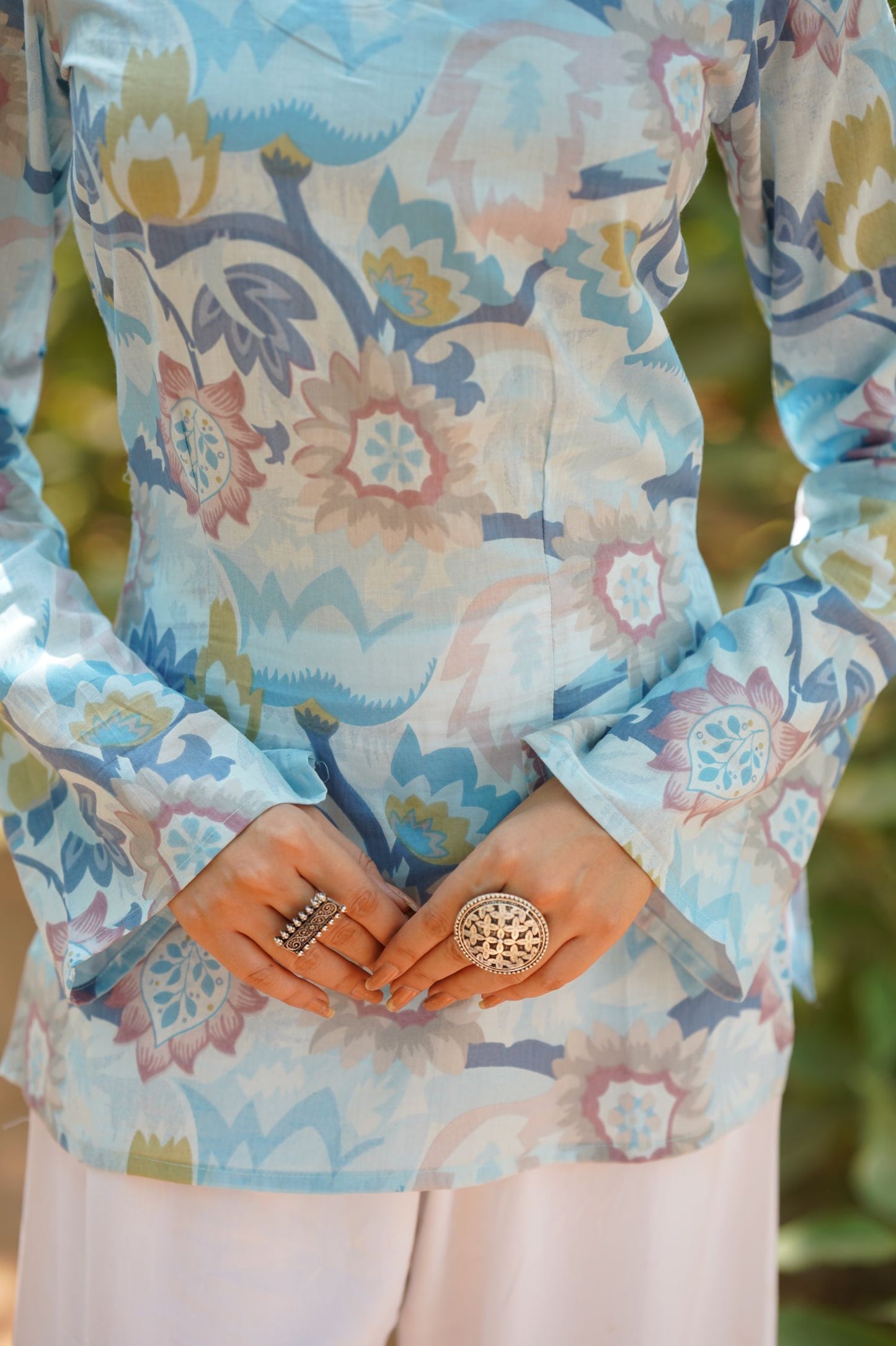 Sky Blue Floral Print Bell Sleeve Kurti