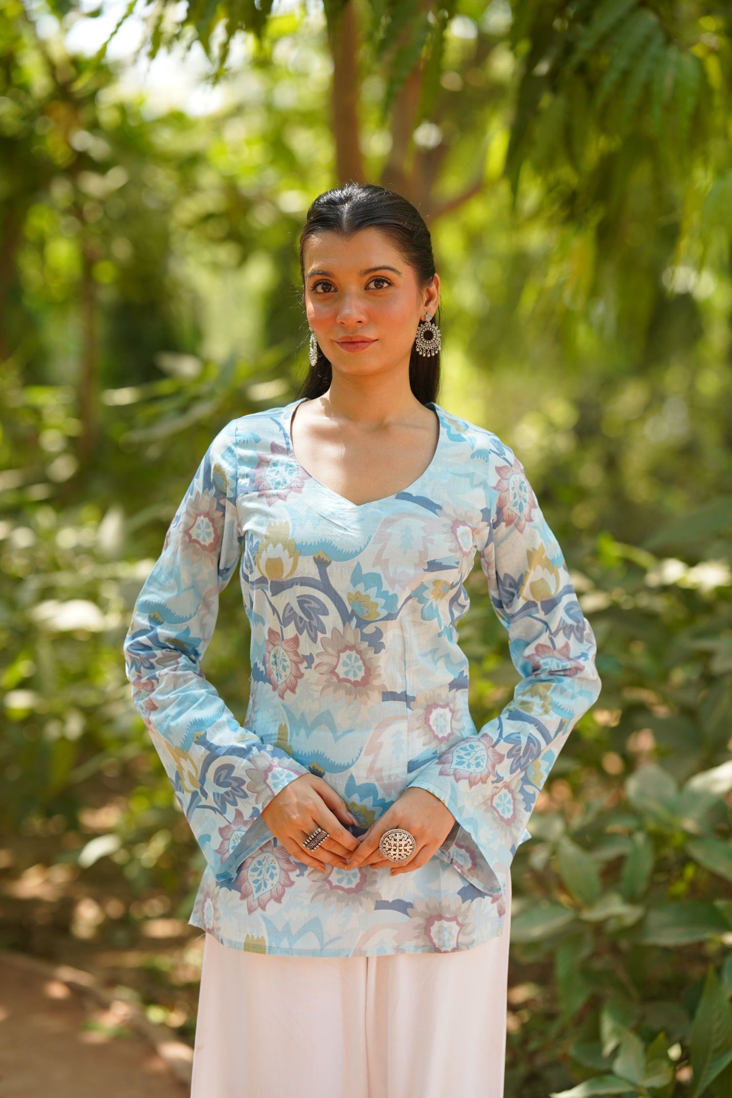 Sky Blue Floral Print Bell Sleeve Kurti