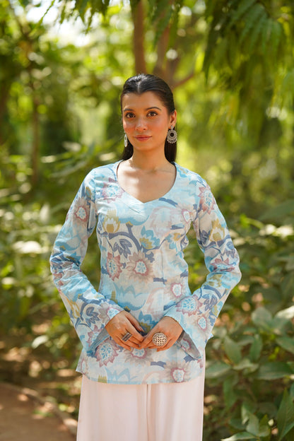 Sky Blue Floral Print Bell Sleeve Kurti