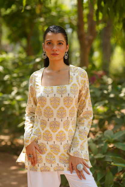Cream Buta Print Bell Sleeve Kurti