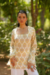 Cream Buta Print Bell Sleeve Kurti