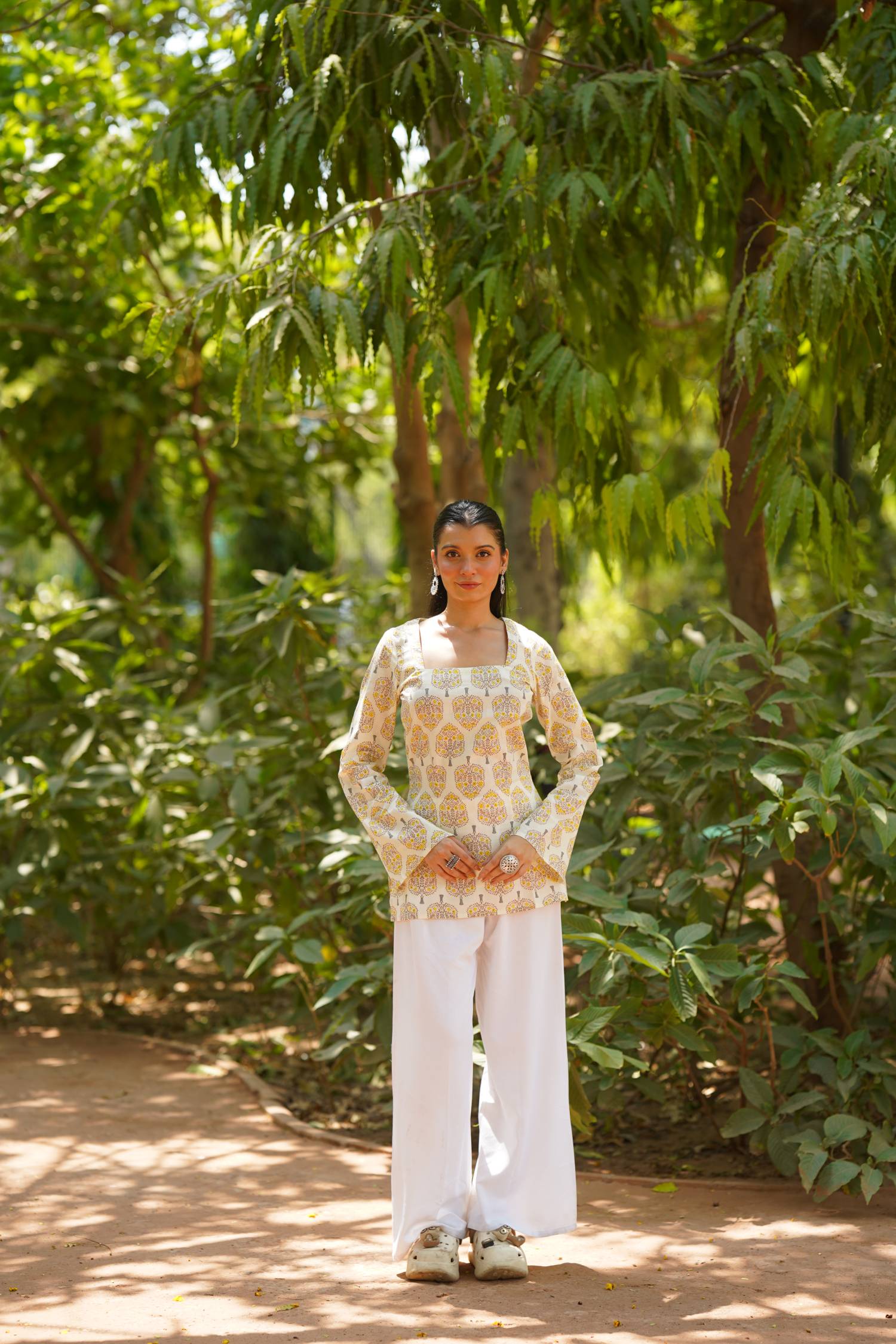 Cream Buta Print Bell Sleeve Kurti
