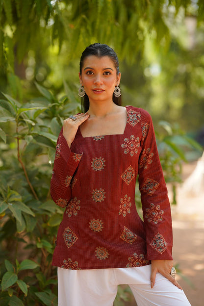 Red Buta Print Bell Sleeve Kurti