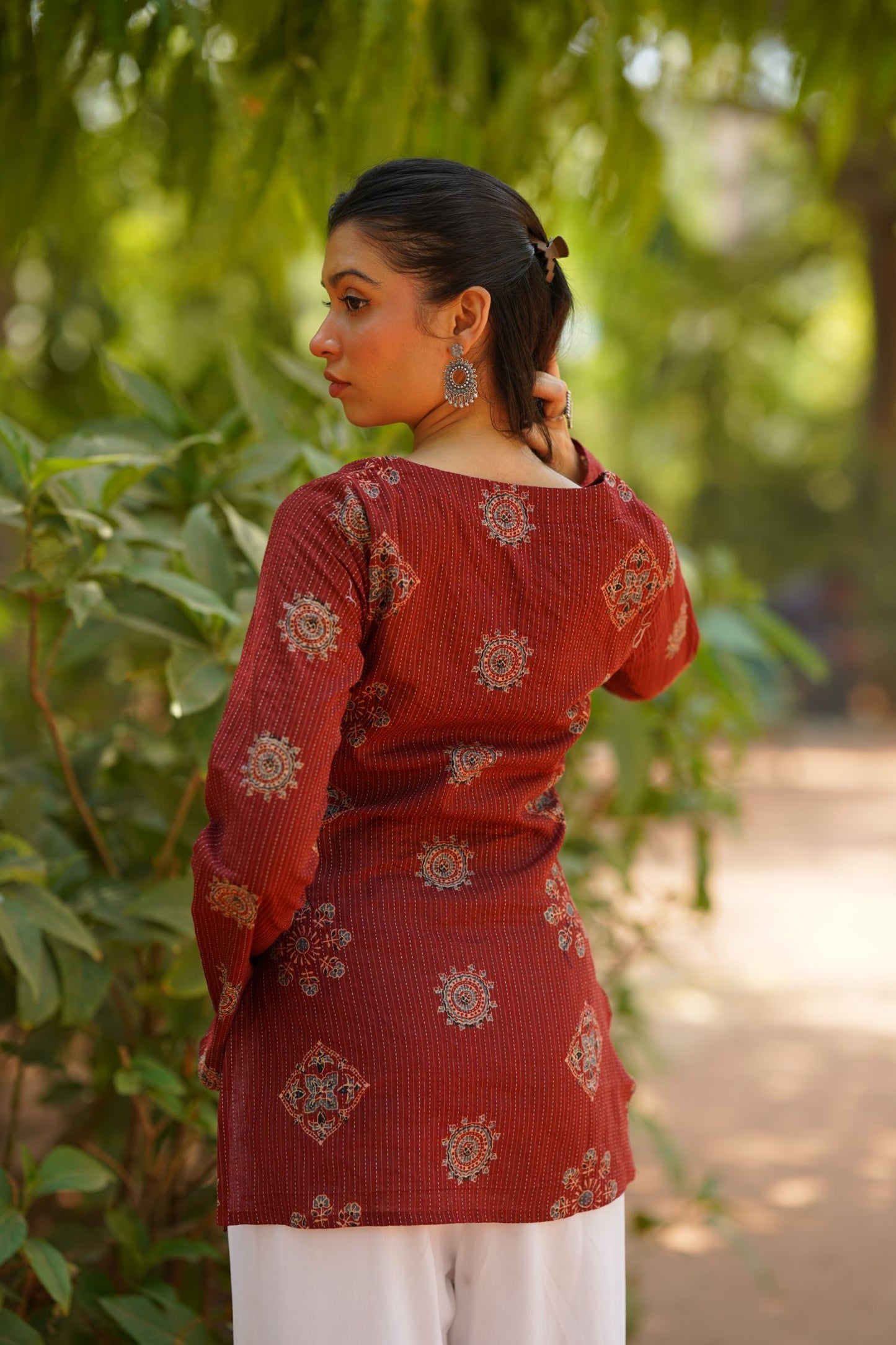 Red Buta Print Bell Sleeve Kurti