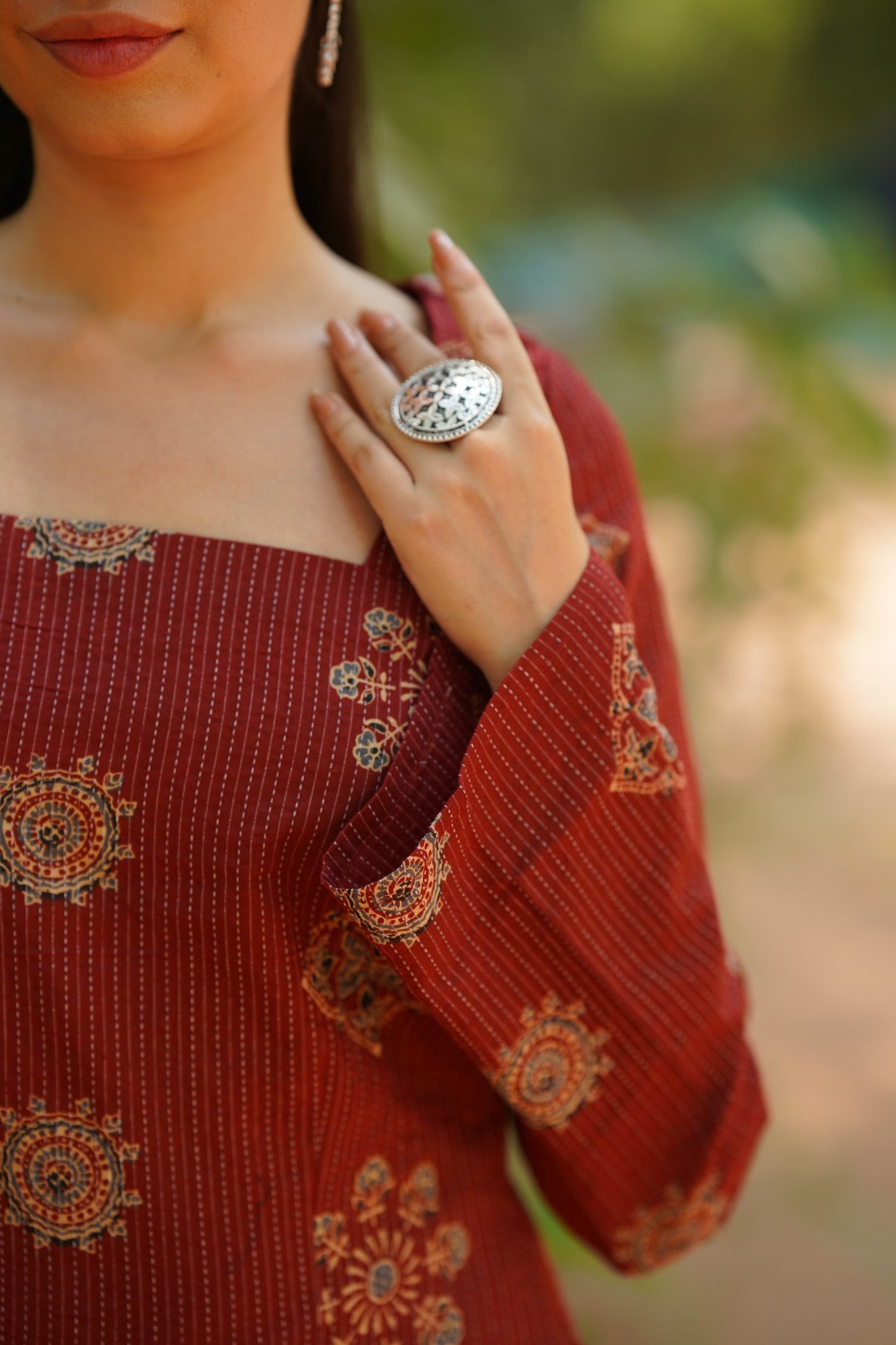 Red Buta Print Bell Sleeve Kurti