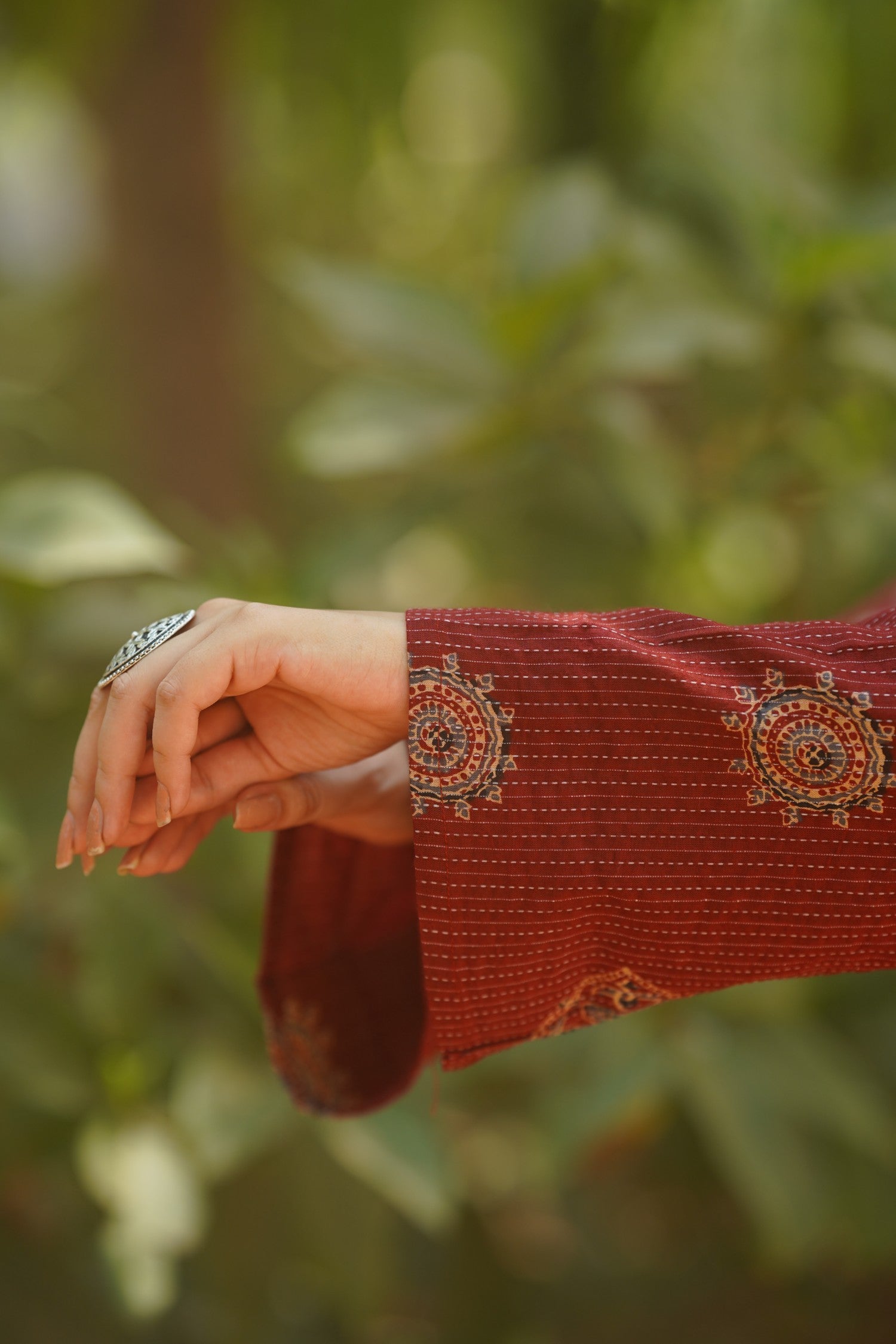 Red Buta Print Bell Sleeve Kurti