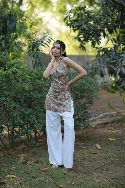 Pink & Beige Floral Halter Neck Corset Kurti