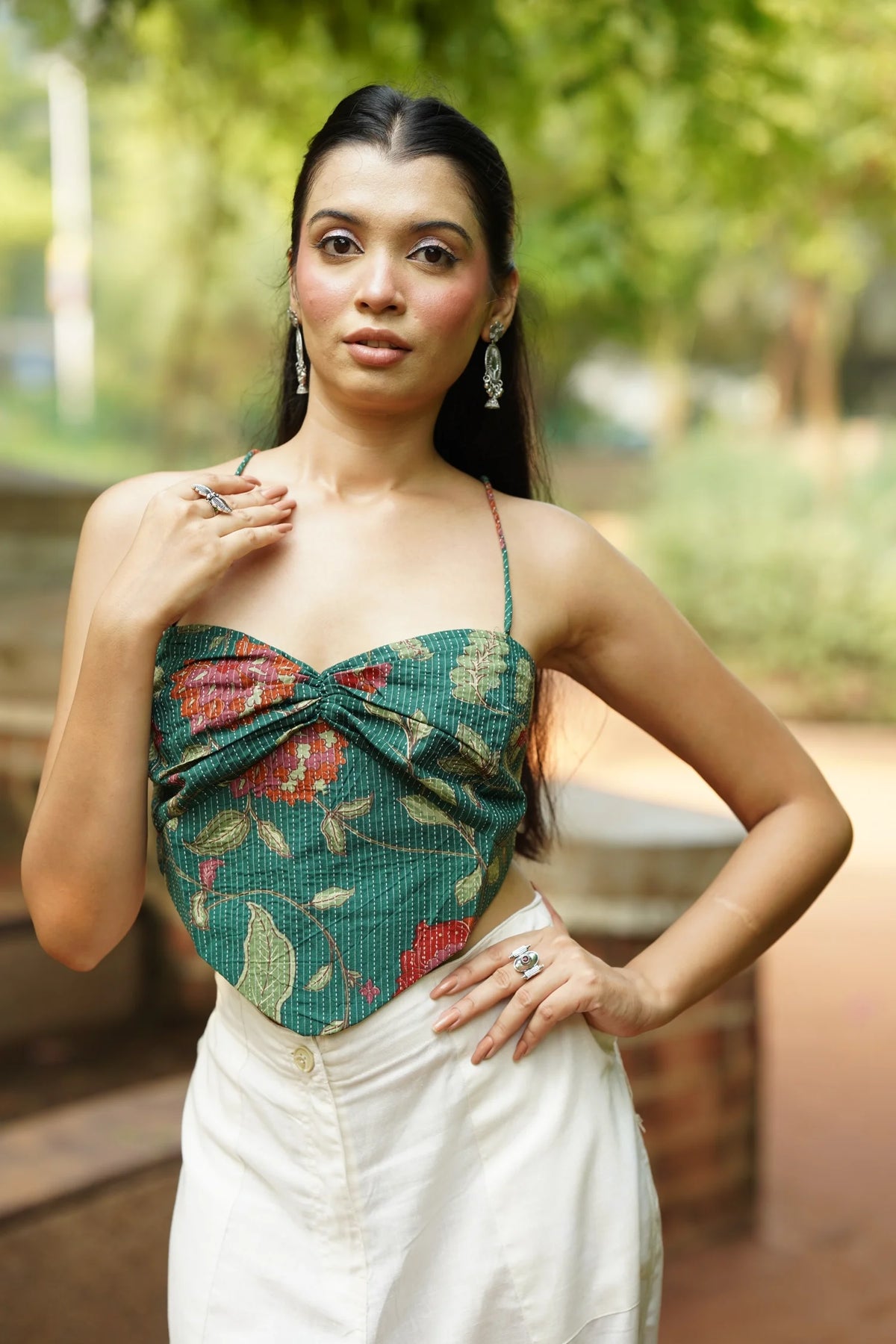 Forest Green Floral Corset Top