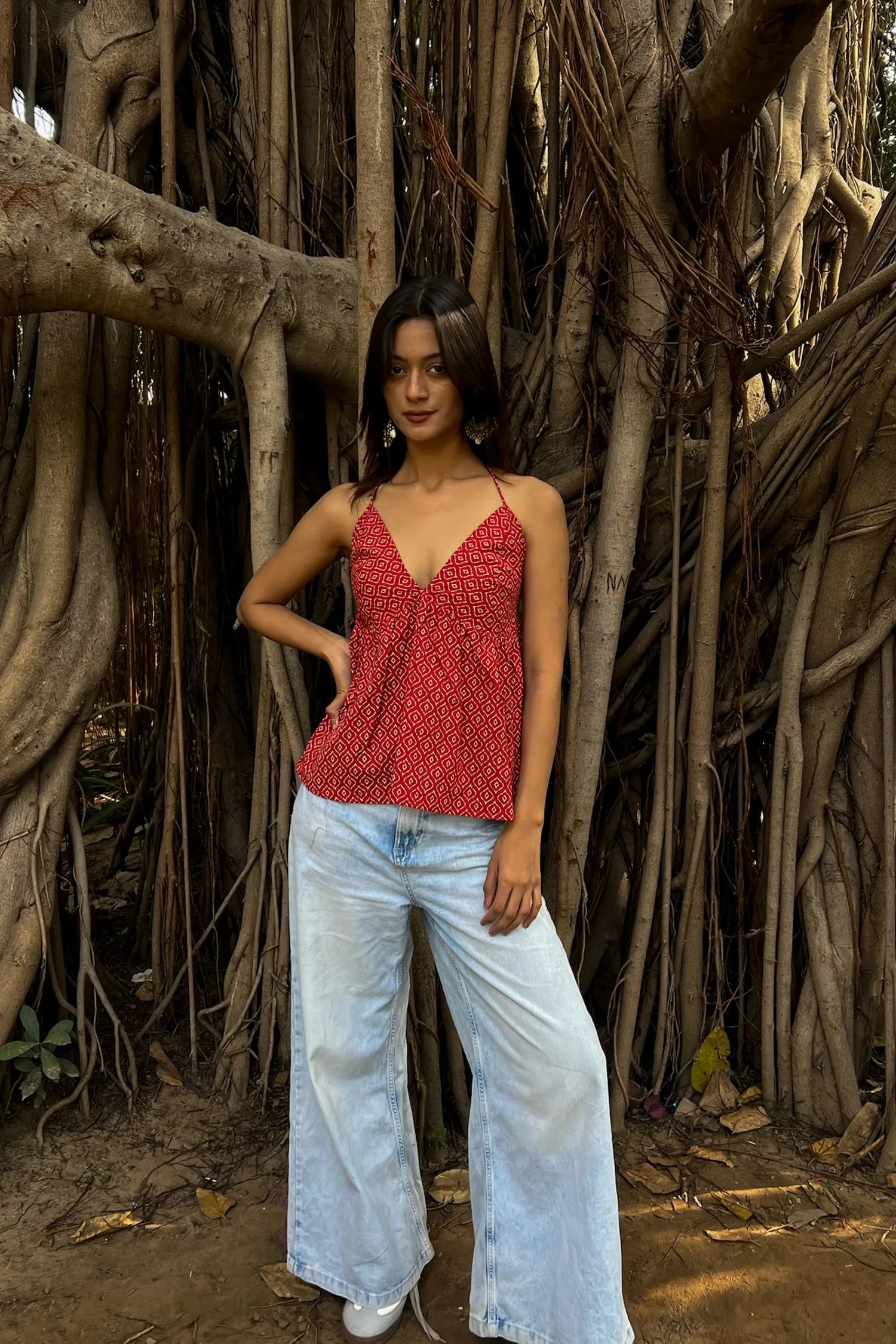 Red Geometric Halter Neck Top