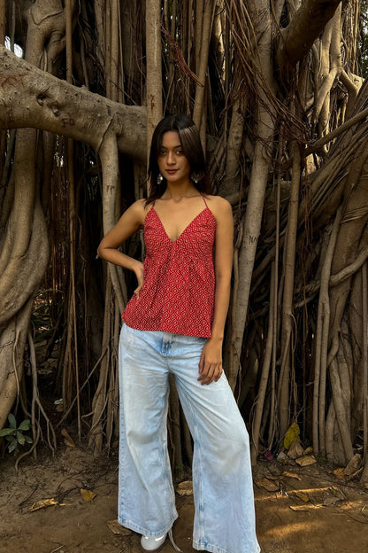 Red Geometric Halter Neck Top